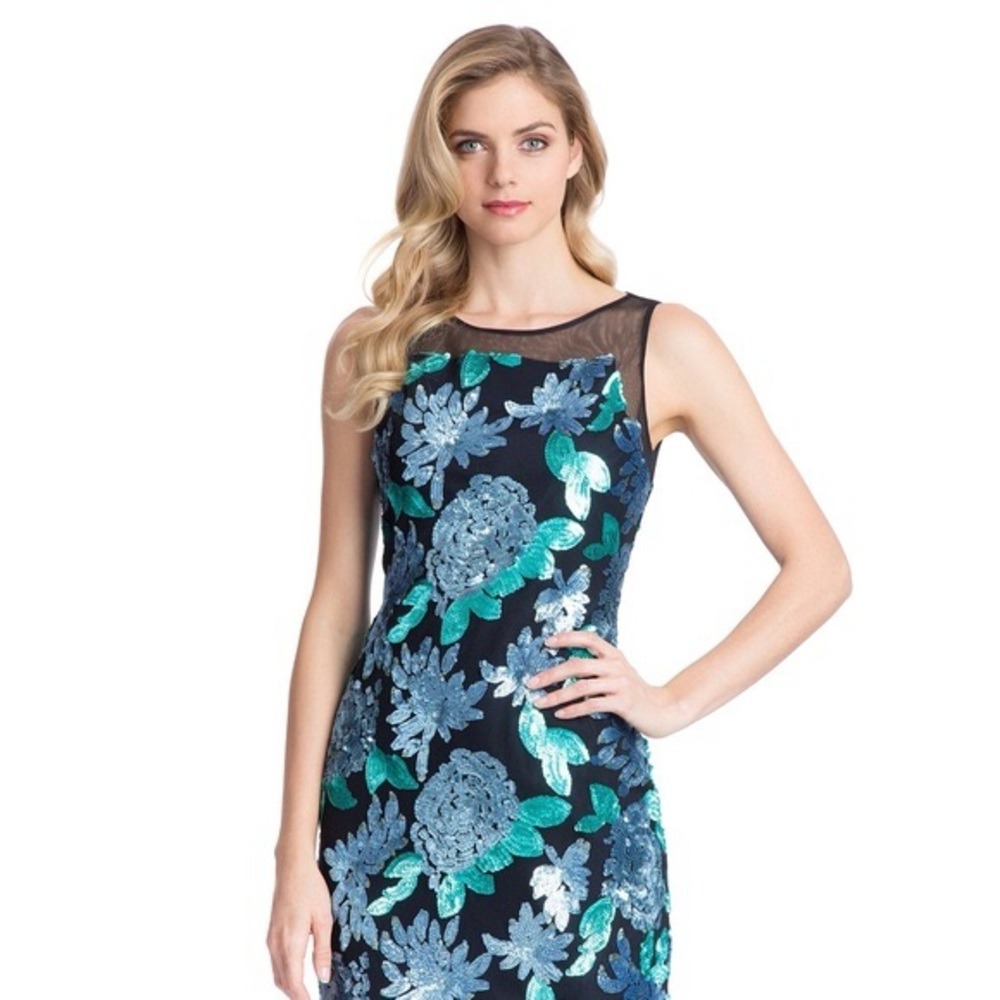 Badgley Mischka Tabitha Floral Sequin Black/ Blue Shift Dress Size 4